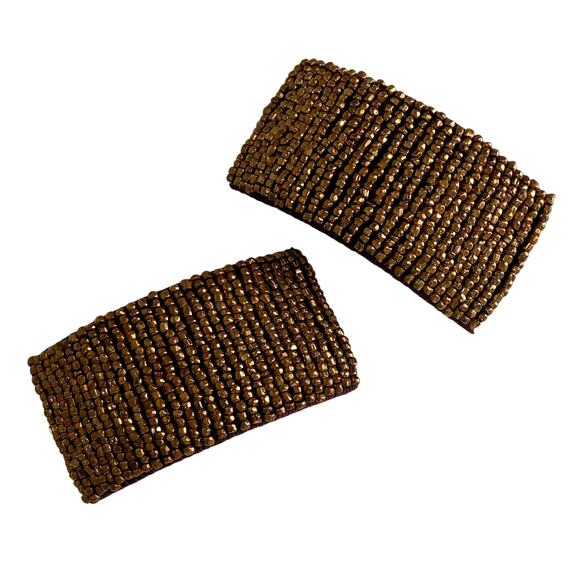 Vintage 50s Brown Bronze Seed Beaded Leather Glam Rectangular Shoe Clips - Picture 1 of 6
